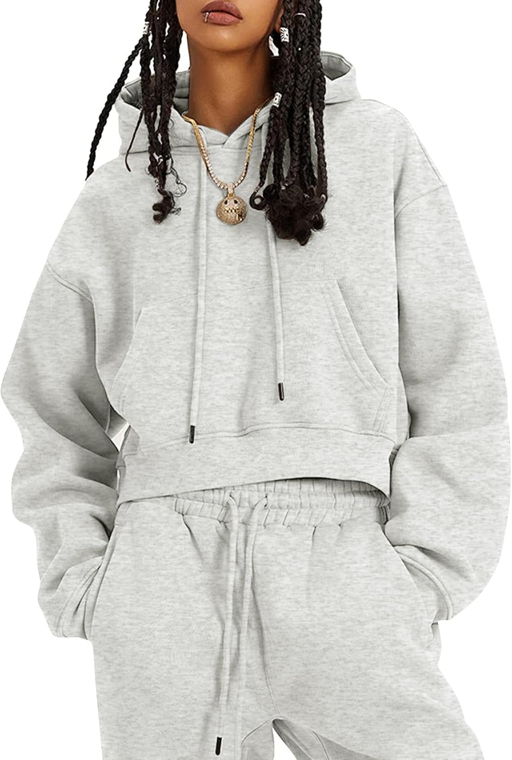 Flygo Conjunto deportivo de 2 piezas de forro polar para mujer, sudadera corta, sudadera y pantalones deportivos