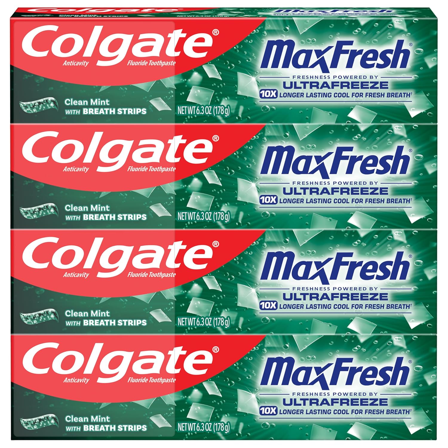 Colgate MaxFresh Clean - Paquete de pasta de dientes de menta fresca, con flúor y cientos de mini tiras de aliento, deja la boca con una sensación refrescante durante horas, paquete de 4, 6.3 onzas
