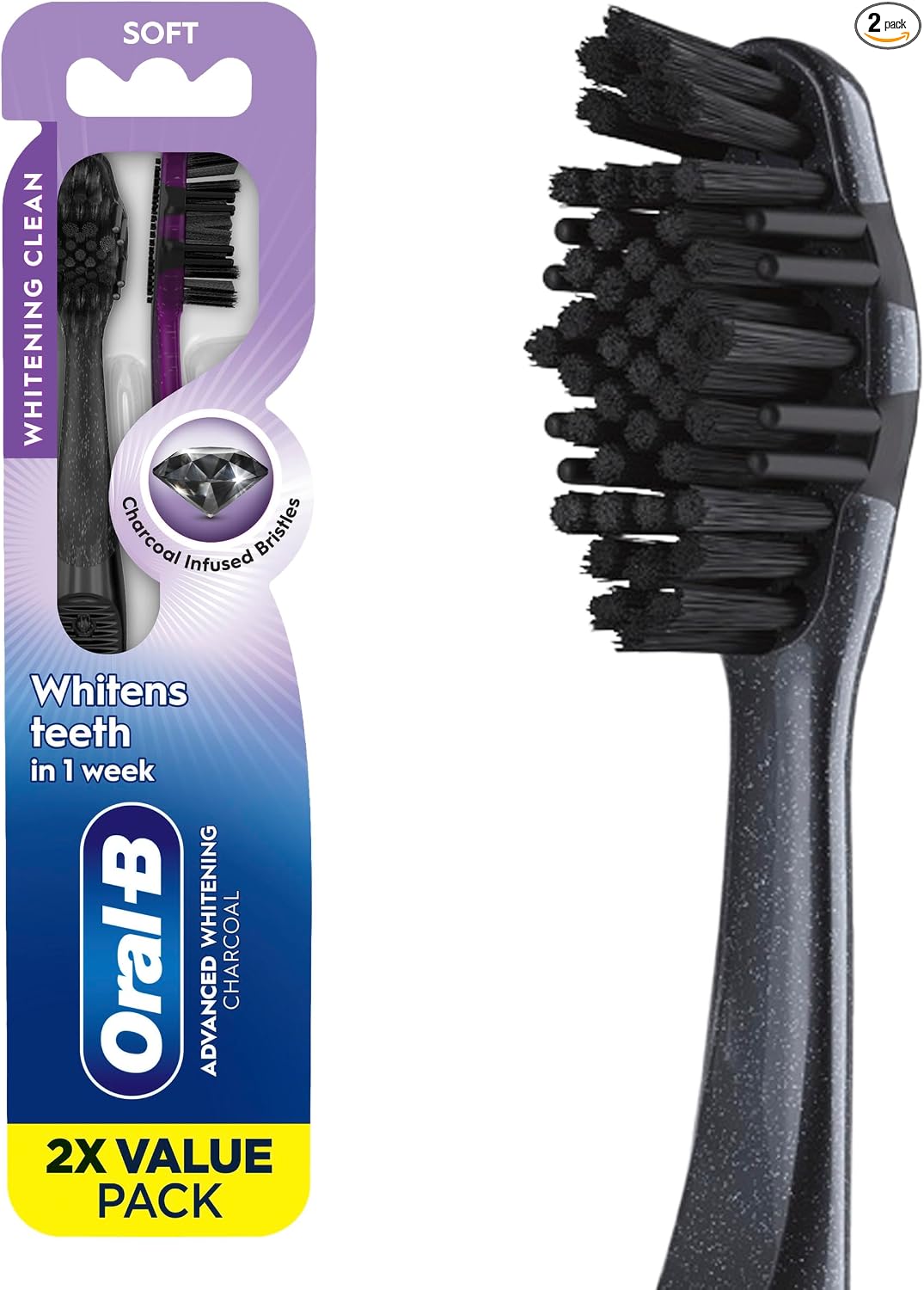 Oral-B - Cepillo de dientes manual 3D de carbón blanco, paquete de 2, cerdas medianas, cepillos blanqueadores de dientes para adultos