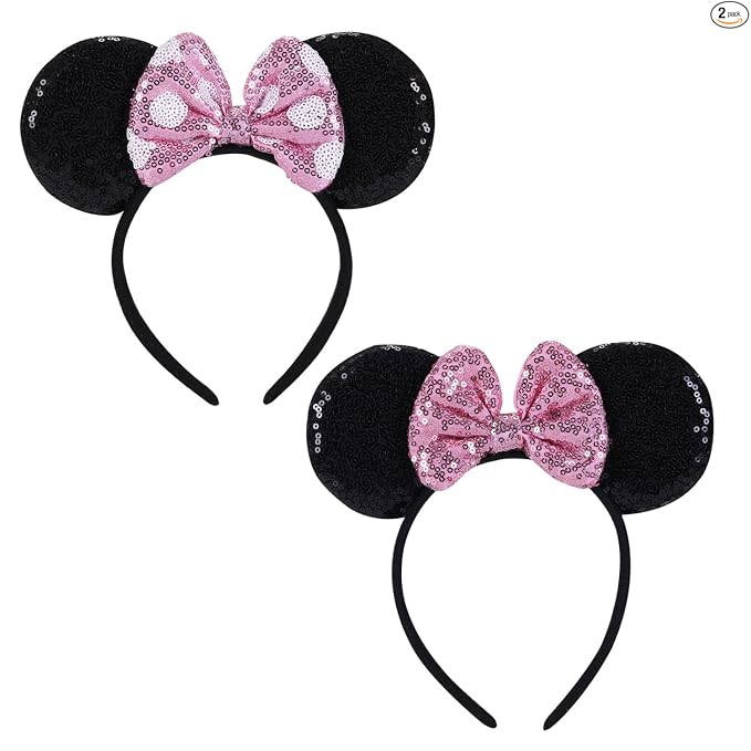 2 piezas de diademas con orejas de ratón y lentejuelas rojas, diademas con arcos brillantes, una adición perfecta a tus accesorios esenciales de viaje para mujeres, niñas, decoración de