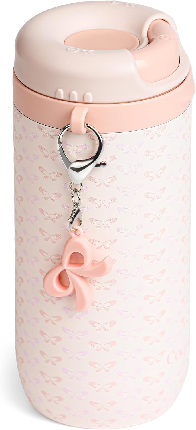 Vaso de café de acero inoxidable de 15 onzas con tapa abierta giratoria, taza de viaje aislada para café helado, infusión fría y bebidas calientes, a prueba de fugas, sin BPA, apto para portavasos, crema con lazo