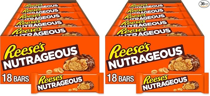 Barritas de caramelo de chocolate, mantequilla de maní, caramelo y maní REESE'S NUTRAGEOUS, 1.66 onzas (paquete de 18)