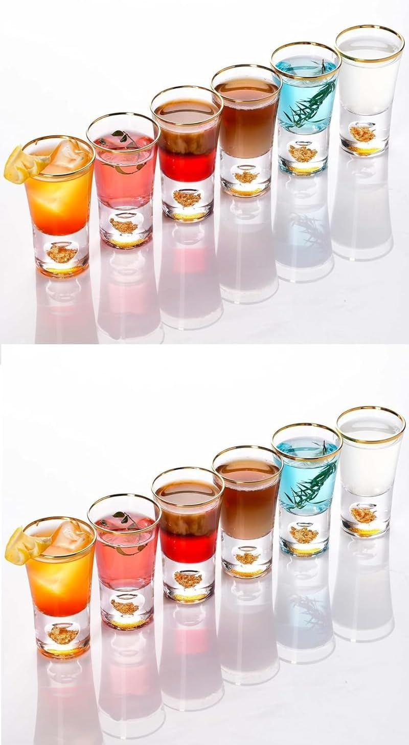 【morningplace】Crystal Shot Glass Heavy Base with 4K Gold Foil Flakes Heat Resistant Cup Gift Tequila Espresso Party (Set of 6)
