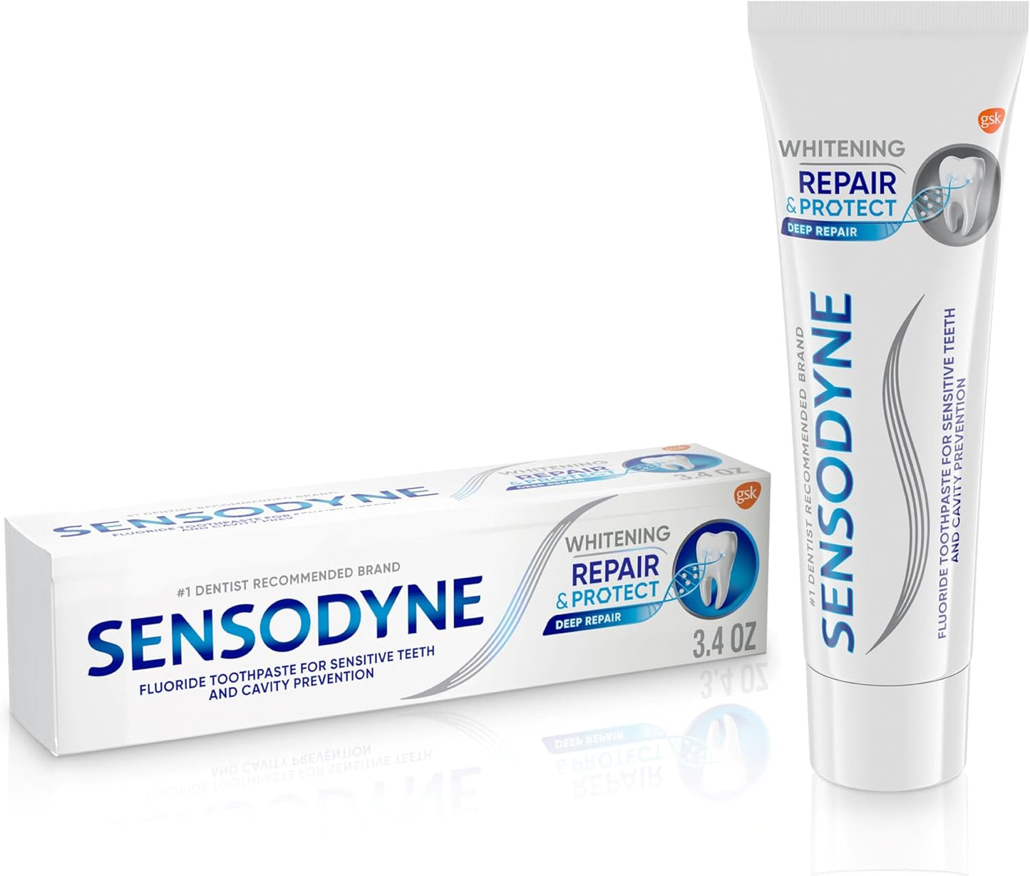 Sensodyne Repair and Protect - Pasta dental blanqueadora para dientes sensibles y prevención de caries, 3.4 onzas (paquete de 2)
