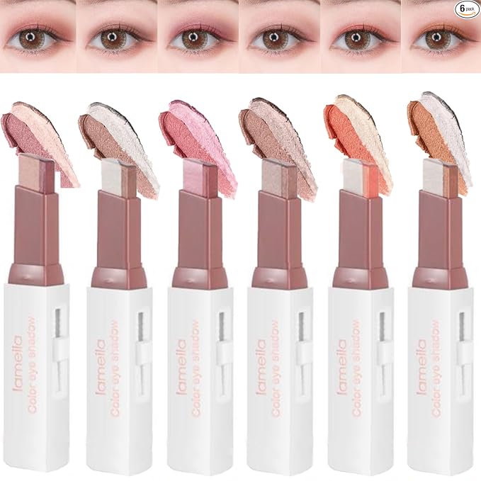 6 Pcs Glitter Eye Shadow Stick Shimmer Eye Shadow Set with Two-Color Gradient and Waterproof Eyeshadow Pen for Long Lasting Eye Makeup Gift