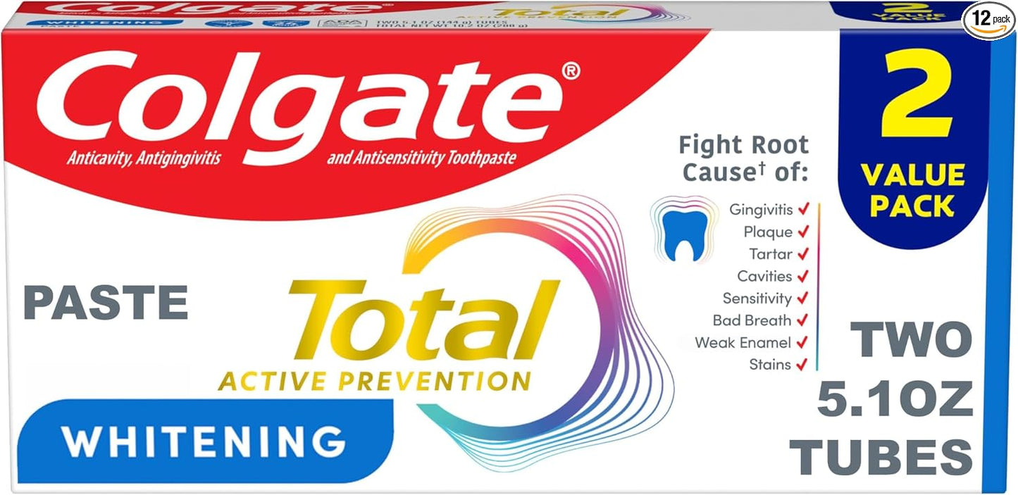 Pasta dental blanqueadora Colgate Total, 5.1 oz, paquete de 2, fluoruro antibacteriano para placa, gingivitis, sensibilidad, eliminación de manchas, clínicamente probado, menta