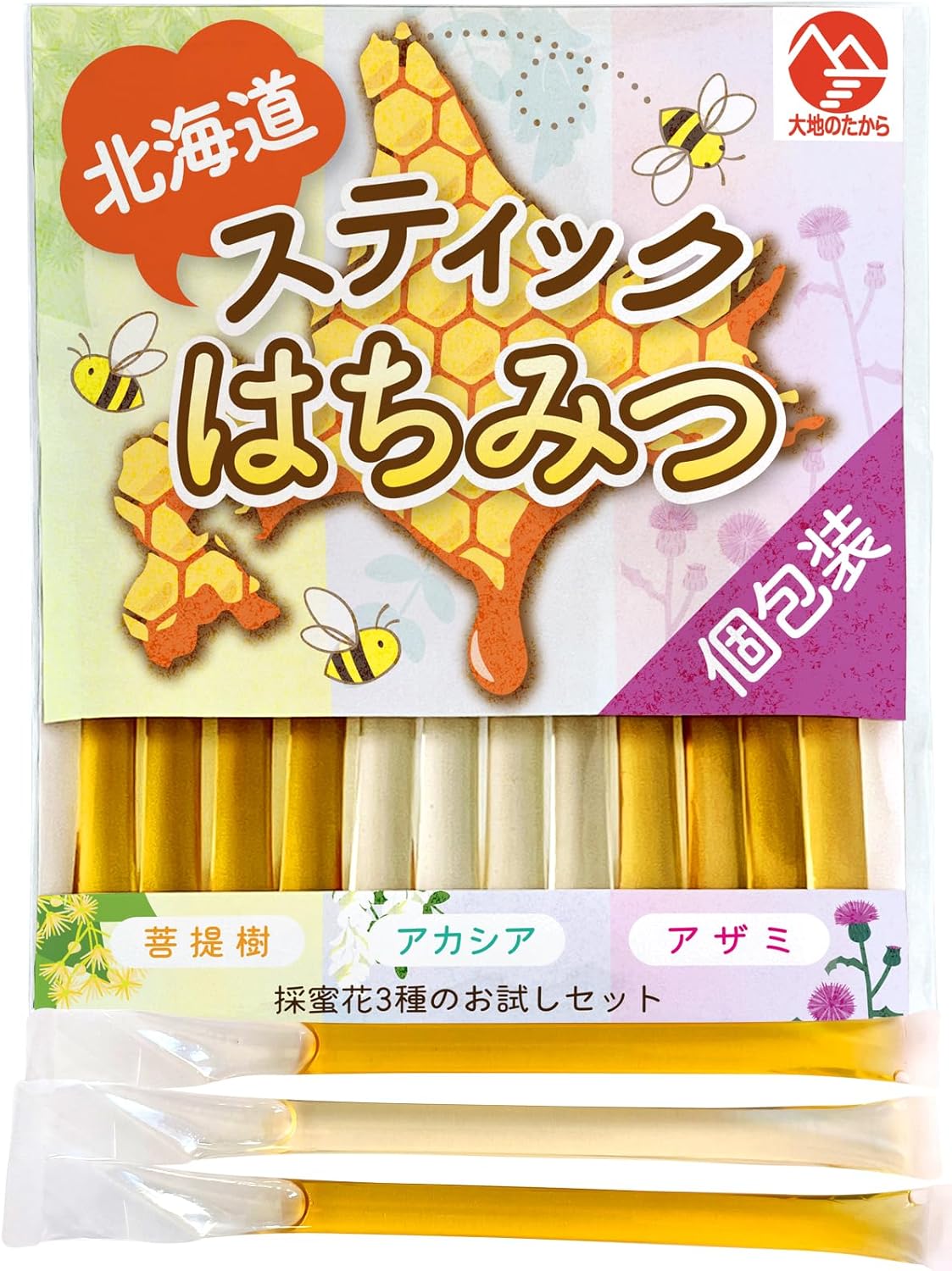 【Daichi no Takara】 Hokkaido-Produced Honey Sticks Raw Honey Delicious Throat Care Conveniently Small-Packed Individually Wrapped for Hygiene Anytime Anywhere (12 sticks × 2.5g, 3-Type Trial Set