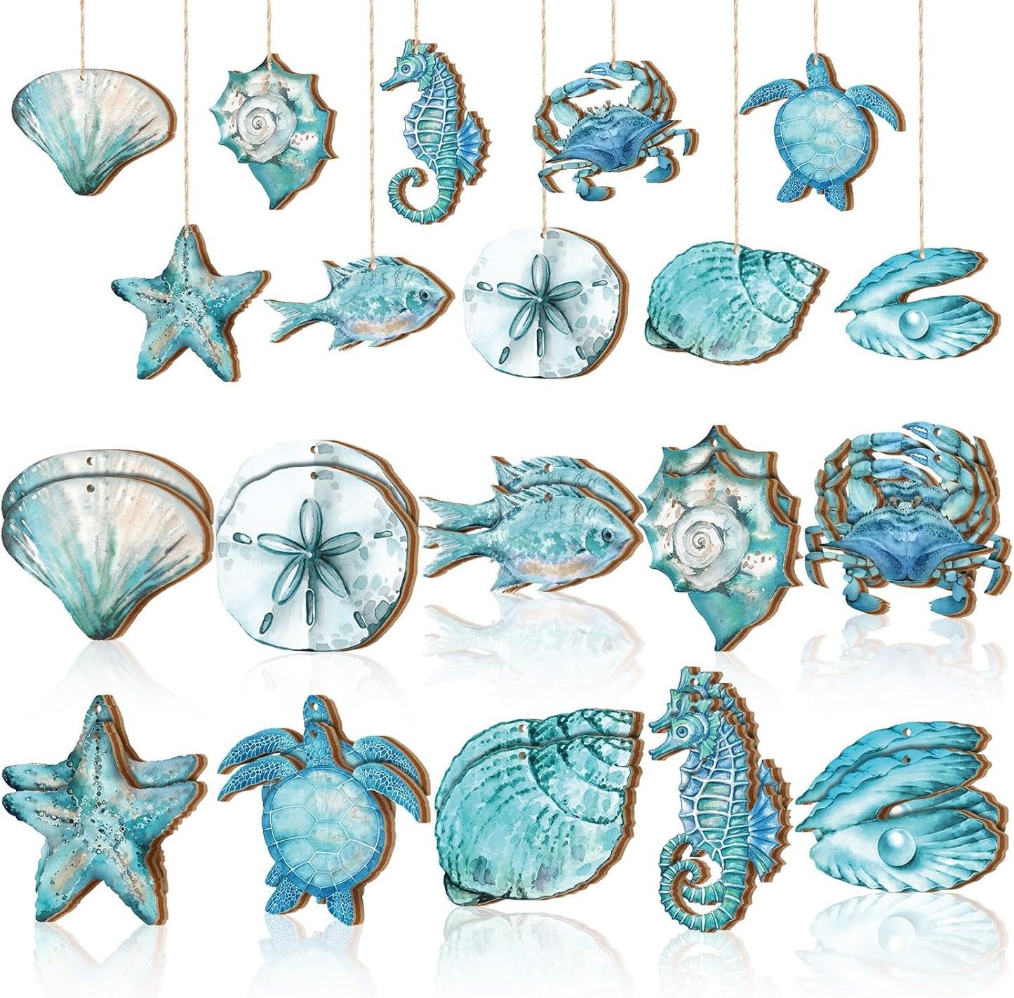 24 adornos de verano para árbol de madera, océano, playa, árbol, decoración costera náutica de madera, recortes colgantes de playa, animales marinos, decoración con cuerda para suministros de fiesta de verano
