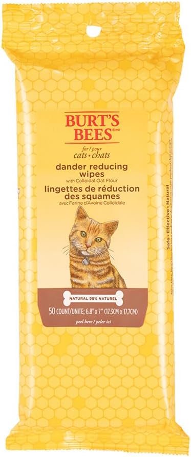Burt's Bees for Pets Toallitas removedoras de caspa de gato, harina de avena coloidal y aloe para calmar la piel seca y reducir la descamación, paños de aseo sin perfume para gatos y gatitos, 50