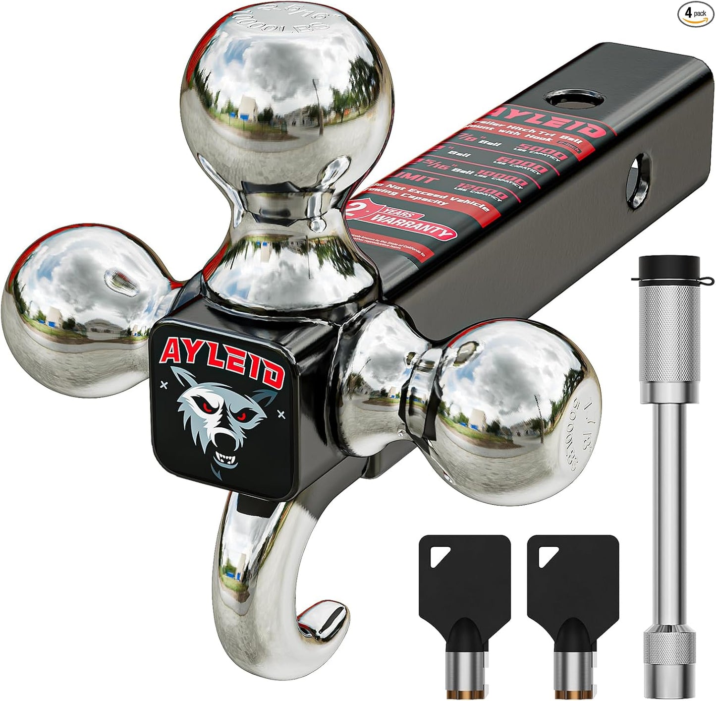 Ayleid - Montaje de enganche de remolque de 3 bolas con gancho y bolas de pasador de tamaño 1-7/8, 2 y 2-5/16 pulgadas, enganche de remolque, plateado