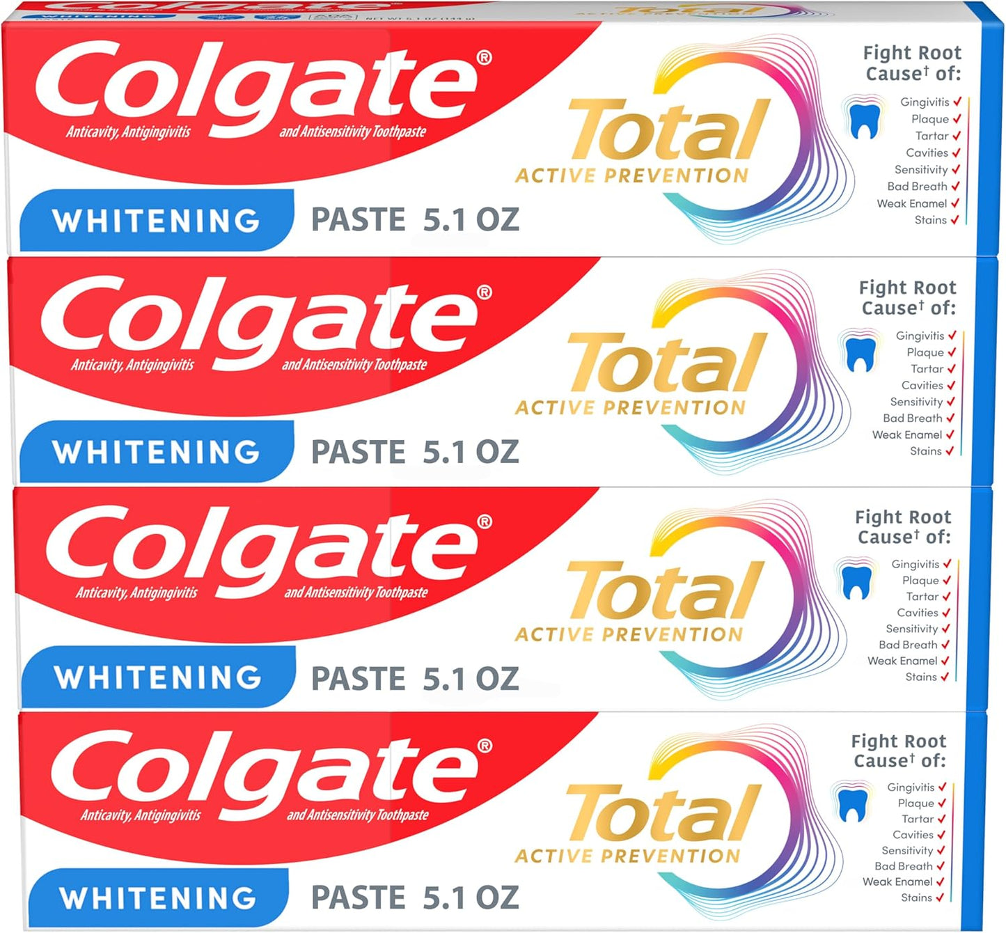 Colgate Total Whitening Pasta de dientes 5.1 oz, paquete de 4, fluoruro, antibacteriano, para placa, gingivitis, sensibilidad, eliminación de manchas, clínicamente probado, menta, blanqueamiento dental, fluoruro estannoso