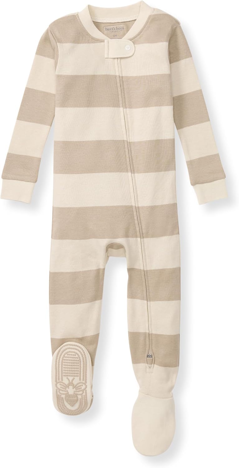 Burt's Bees Baby Pijama de algodón orgánico para niños, ajuste cómodo con pies | Convenient 2-way zip front sleeper pajama is equipped with non-slip bee grips for active littles on the move
