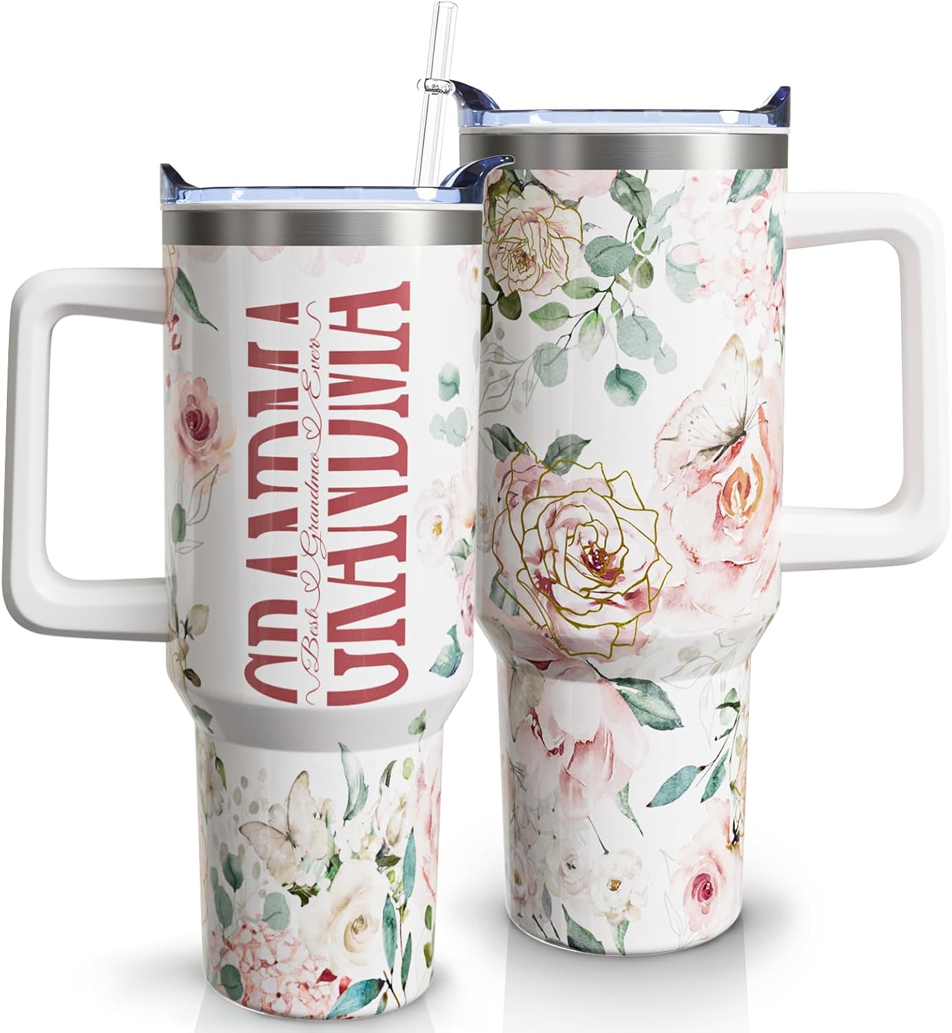 Mimi - Vaso de café con asa y pajita, de acero inoxidable, con diseño de Best Mimi Ever Sky Blue, 40 onzas, regalo para la abuela