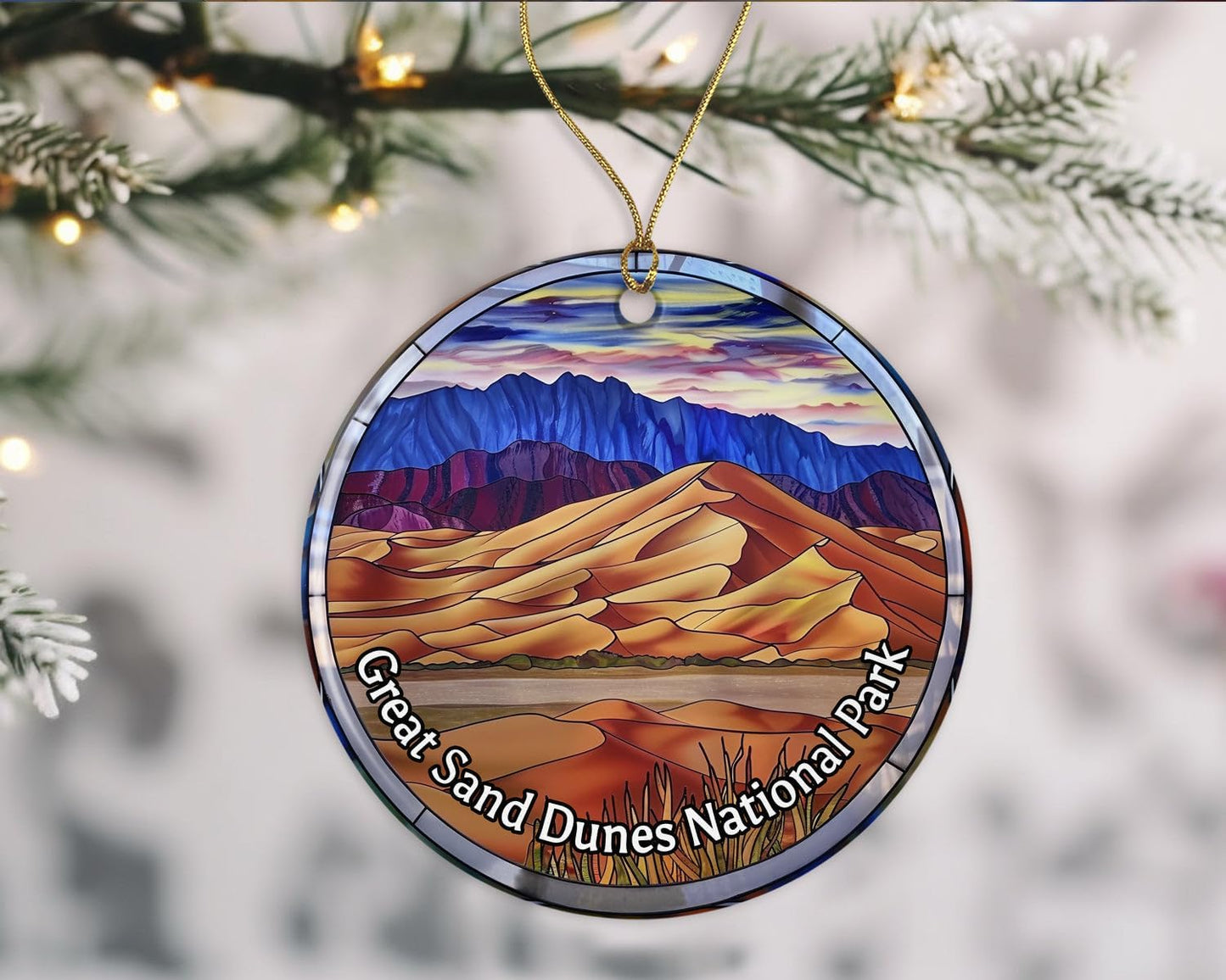Great Sand Dunes National Park Ornament, adorno de aspecto de vitral, adorno de Navidad de parques nacionales, adorno de recuerdo, recuerdos de viaje, adorno de Navidad, regalo de cerámica impreso en