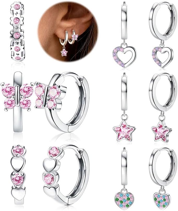JeweBella 6 Paires Boucles d'oreilles Femme Creoles Acier Chirurgical Boucle d'oreille Pendante Cœur Étoile Hypoallergénique Boucles d'oreilles Enfants Fille pour Piercing Oreille Cartilage