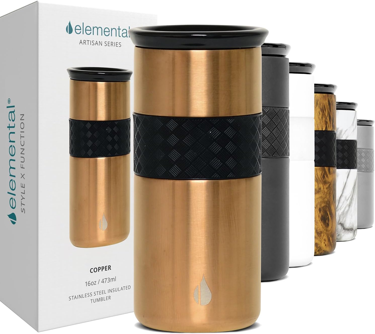 Elemental Vaso aislado artesanal, taza de viaje para café de triple pared, reutilizable, de acero inoxidable, con tapa de cerámica, tazas de café térmicas para bebidas calientes (6 horas) y frías (18 horas), 16 onzas, flores azules