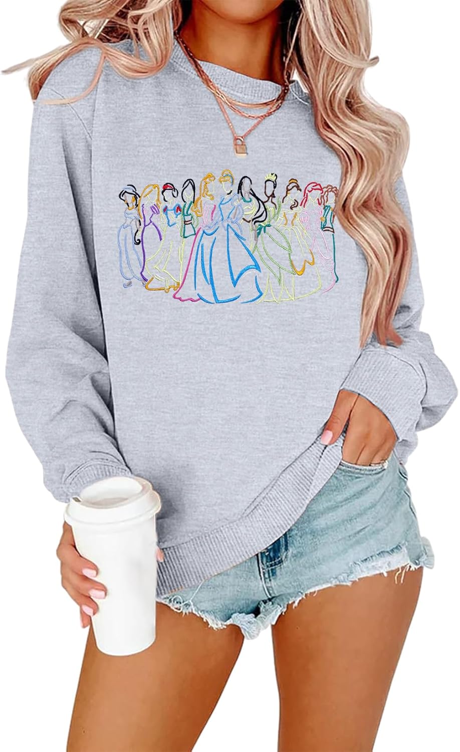 BANGELY Sudadera mágica para mujer, lindo suéter de princesa mágica bordado, camisa de vacaciones para la familia, camiseta casual de manga larga