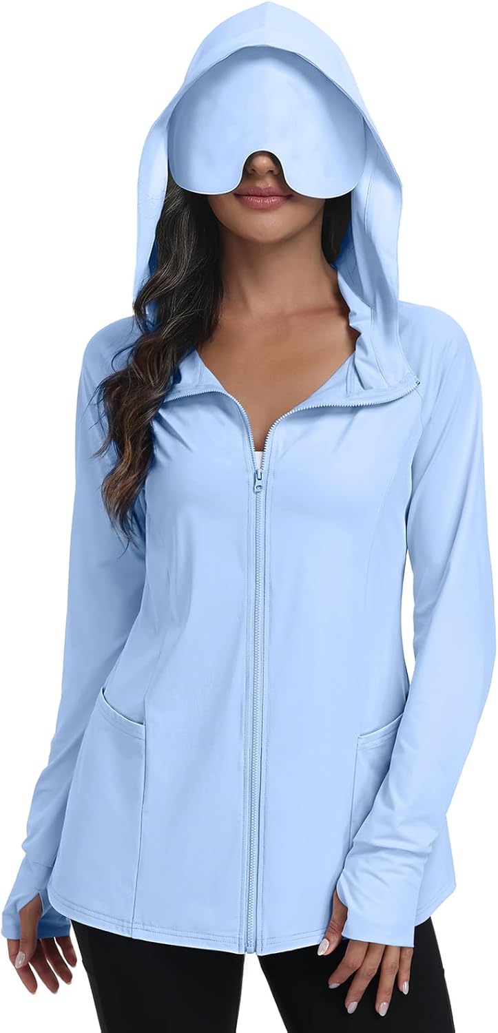 SeSe Code Sudadera con capucha de viaje con máscara de ojos, cremallera y protección solar, chaqueta ligera con bolsillos, para dormir al aire libre