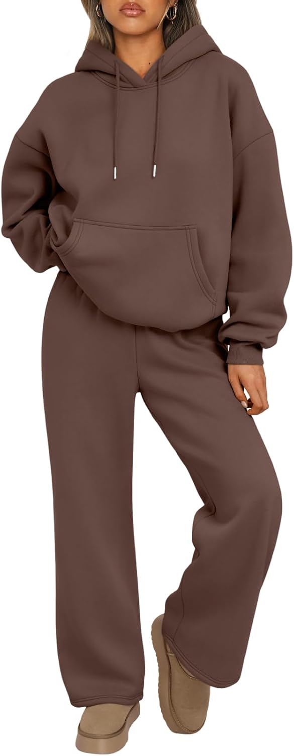 Trendy Queen Conjunto de dos piezas para mujer, ropa de descanso de otoño, conjuntos de moda con sudadera holgada y pantalones de pierna ancha, ropa de invierno | Oversized Drawstring Hoodies&Wide Leg Sweatpants Outfits