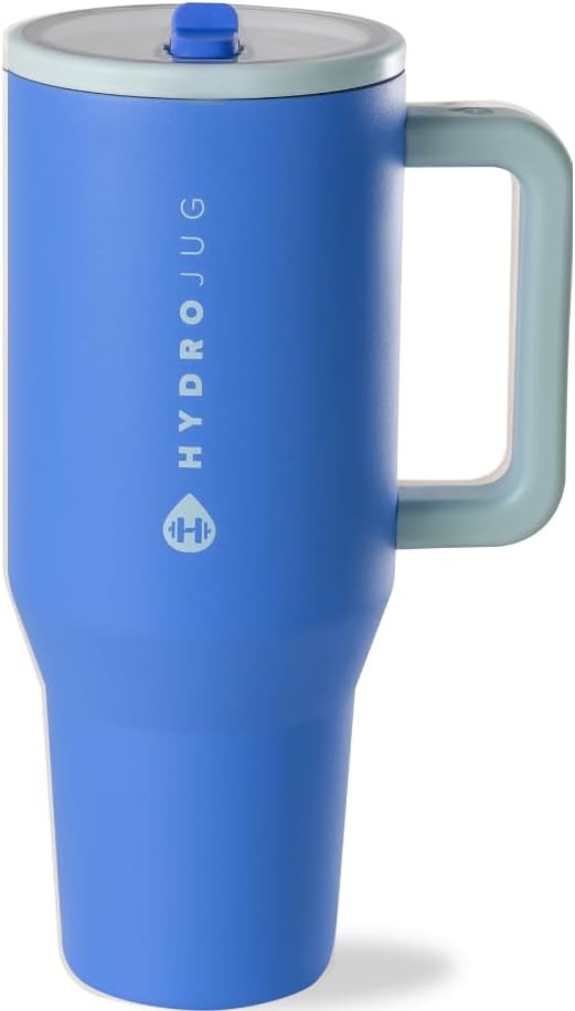 HydroJug Traveler - Botella de agua 32 oz con asa y pajilla abatible, apto para soporte para vasos, resistente a fugas, reutilizable, aislado, acero inoxidable y base de goma, unisex, rosado arena
