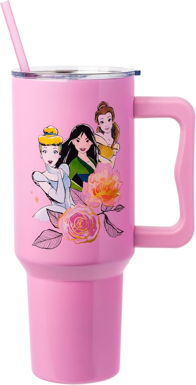 Silver Buffalo Disney Lilo and Stitch - Vaso de acero inoxidable de doble pared con asa y pajilla, diseño vintage, palmeras y flores, se adapta al portavasos estándar, 40 onzas