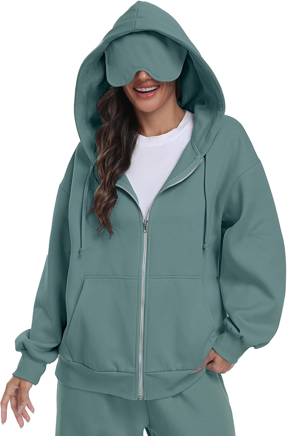 SeSe Code Sudadera con capucha unisex, con cremallera y máscara para los ojos, modo avión, sudadera holgada de viaje, chaqueta de forro polar