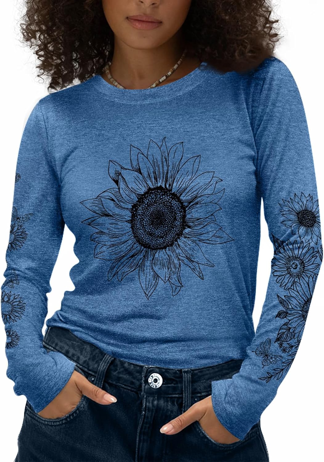 Flafens Camisetas de manga larga para mujer, cuello redondo, camisetas gráficas lindas y geniales para adolescentes y niñas