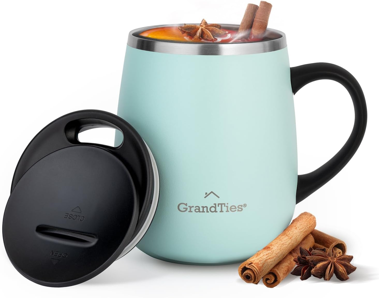 GRANDTIES 19 Colors Premium Vacuum Insulated Mug, 16.2 fl oz (460 ml), Mug with Easy Open Slide Lid, Stainless Steel, Double Wall Vacuum Insulation, Hot & Cold Protection, Popular in Office (Atlantis