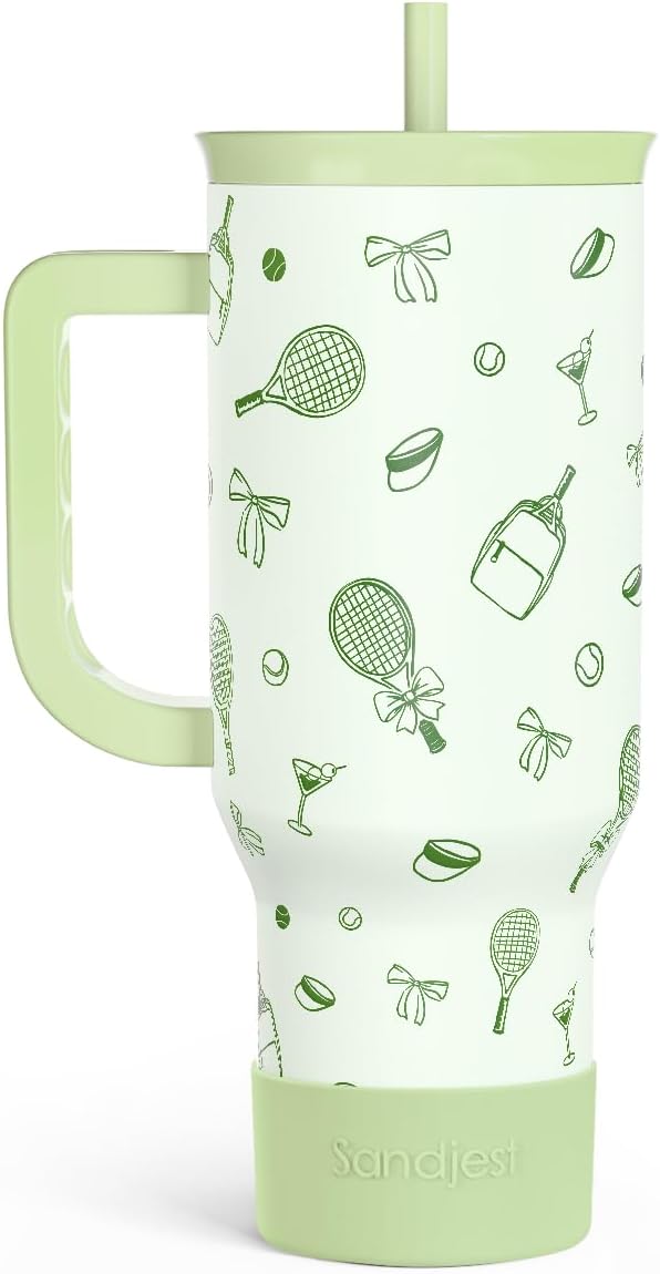 SANDJEST Vaso de 40 onzas con asa y pajilla, taza de café de viaje de acero inoxidable aislado para mujeres, niñas, amantes de la playa, idea de regalo para cumpleaños, Navidad, día de la madre, vacaciones de verano (color)