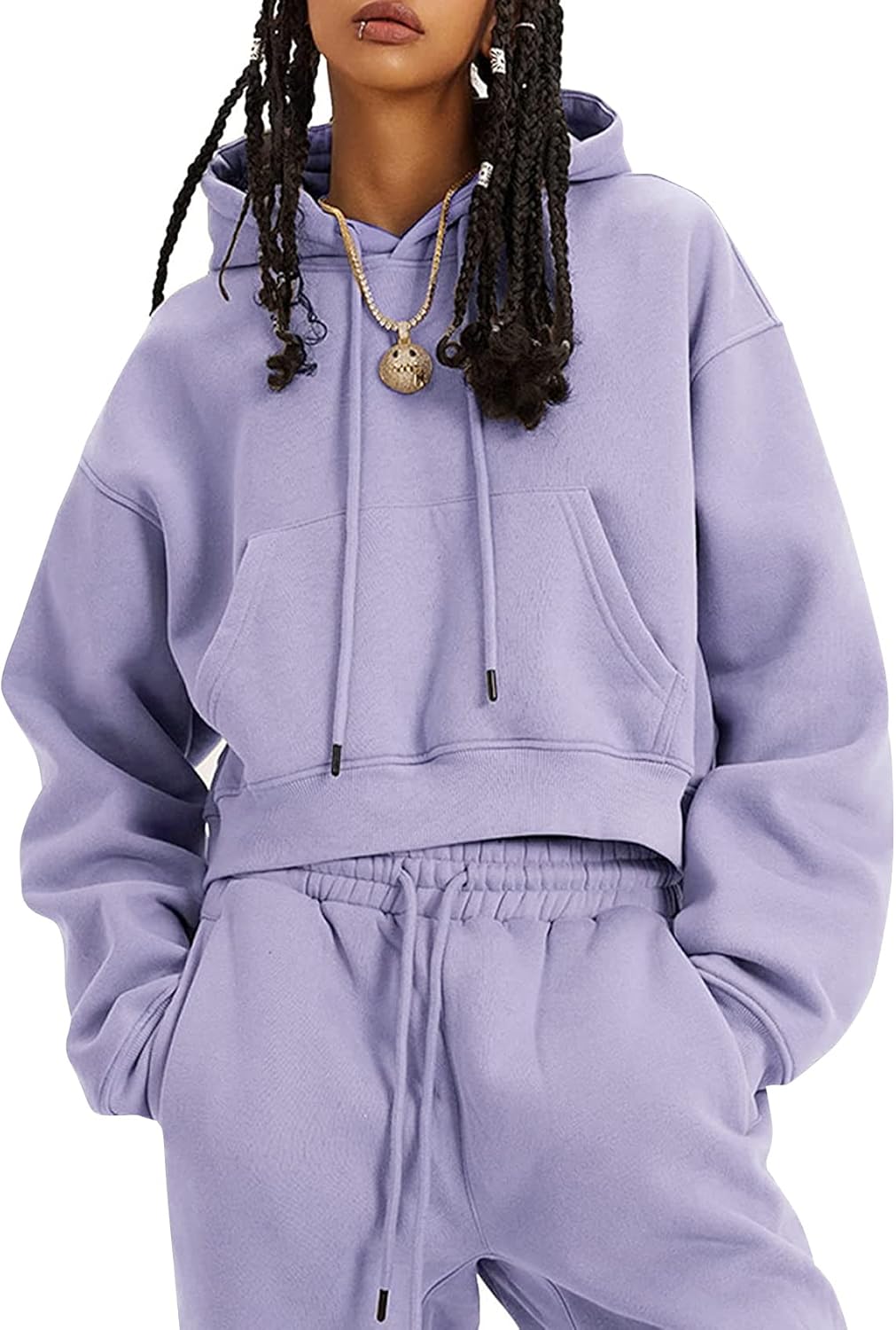Flygo Conjunto deportivo de 2 piezas de forro polar para mujer, sudadera corta, sudadera y pantalones deportivos