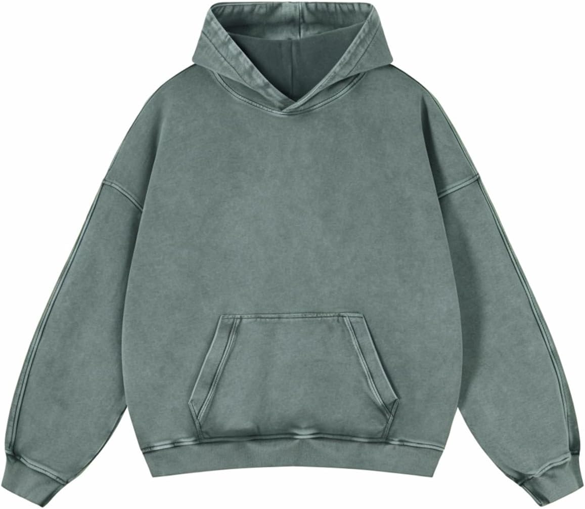 Adenorah Sudaderas con capucha de gran tamaño, para hombre, para otoño, con lavado ácido, liso, ropa urbana, de algodón, vintage