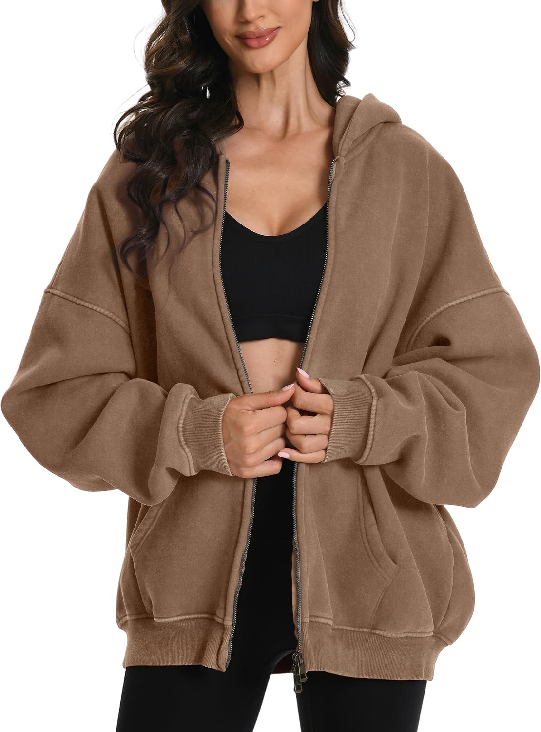 FAIABLE Sudadera con capucha y cremallera para hombre y mujer, de gran tamaño, con lavado ácido, pesada, de algodón, forro polar, con cremallera, estilo vintage