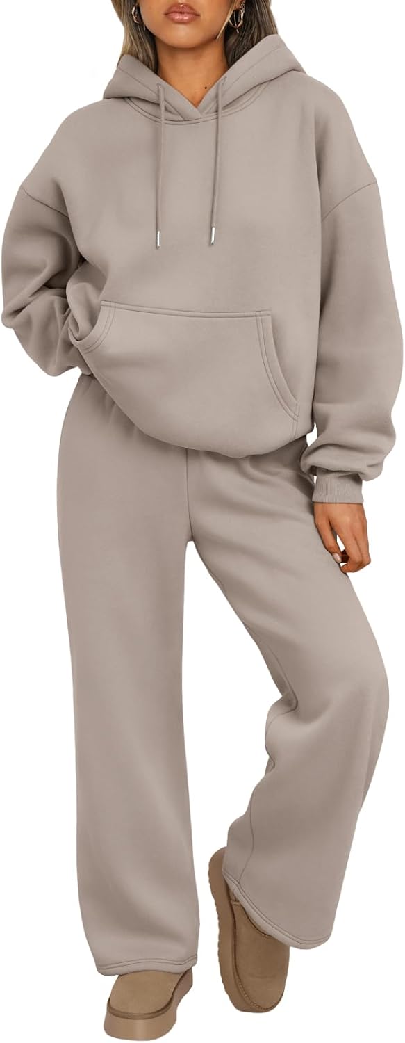 Trendy Queen Conjunto de dos piezas para mujer, ropa de descanso de otoño, conjuntos de moda con sudadera holgada y pantalones de pierna ancha, ropa de invierno | Oversized Drawstring Hoodies&Wide Leg Sweatpants Outfits