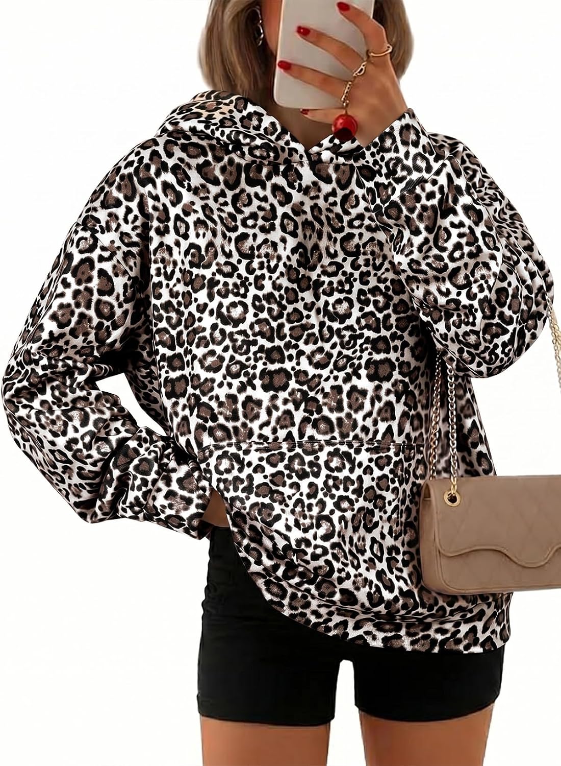 SHEWIN Sudaderas con capucha para mujer, manga larga, estampado de leopardo, sudadera con bolsillos, trajes de otoño para mujer 2026