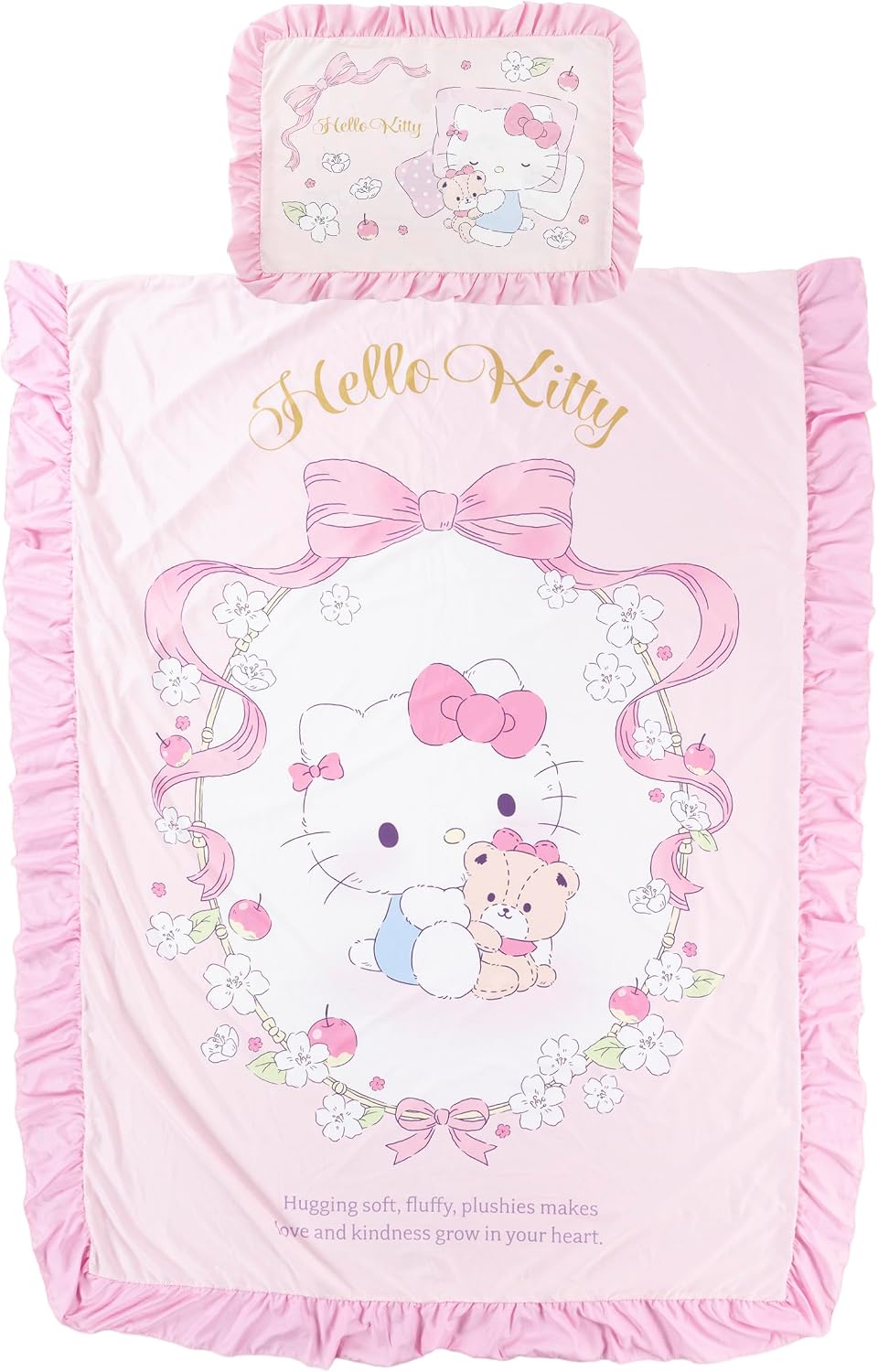 MORIPiLO Sanrio Duvet Cover and Pillowcase Set with Frills, Single (Hello Kitty Soft Peach Skin) Pink, 59.1 x 82.7 inches (150 x 210 cm), Cute Goods, Morishita Pillows 426100