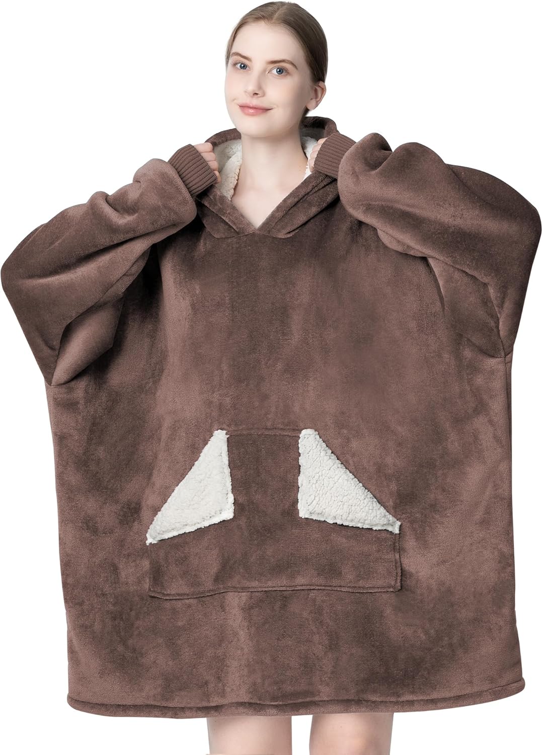 Touchat - Manta con capucha portátil, sudadera con capucha de forro polar sherpa de gran tamaño con bolsillo gigante y mangas para adulto, regalo de manta gris cálida y acogedora para mujeres