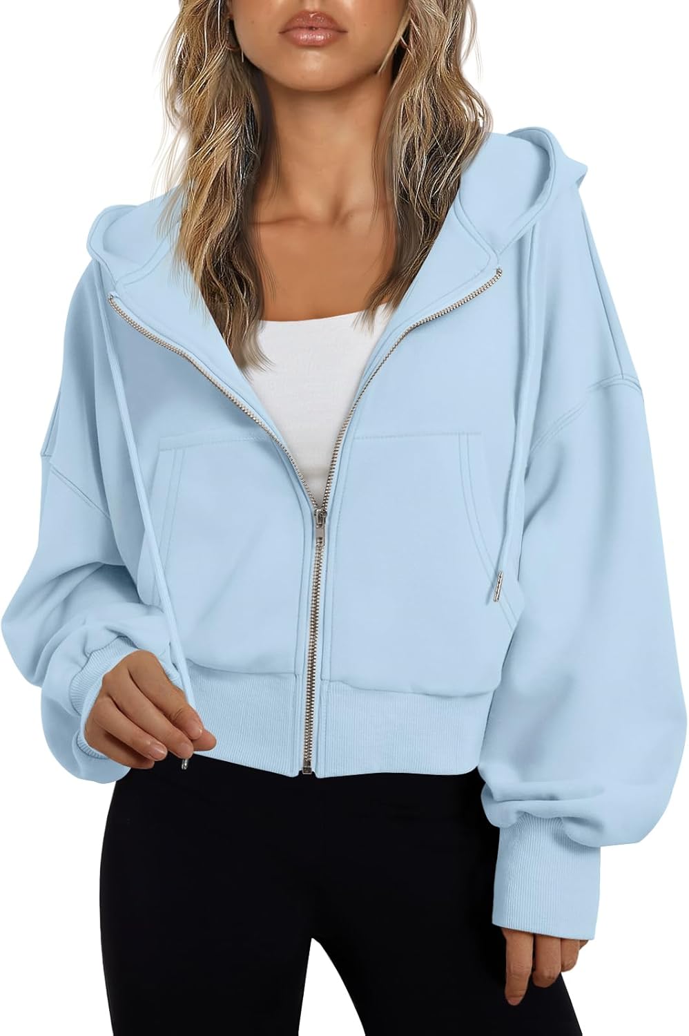 Trendy Queen Sudadera con capucha y cremallera para mujer, ligera, con hombros caídos, chaqueta atlética casual
