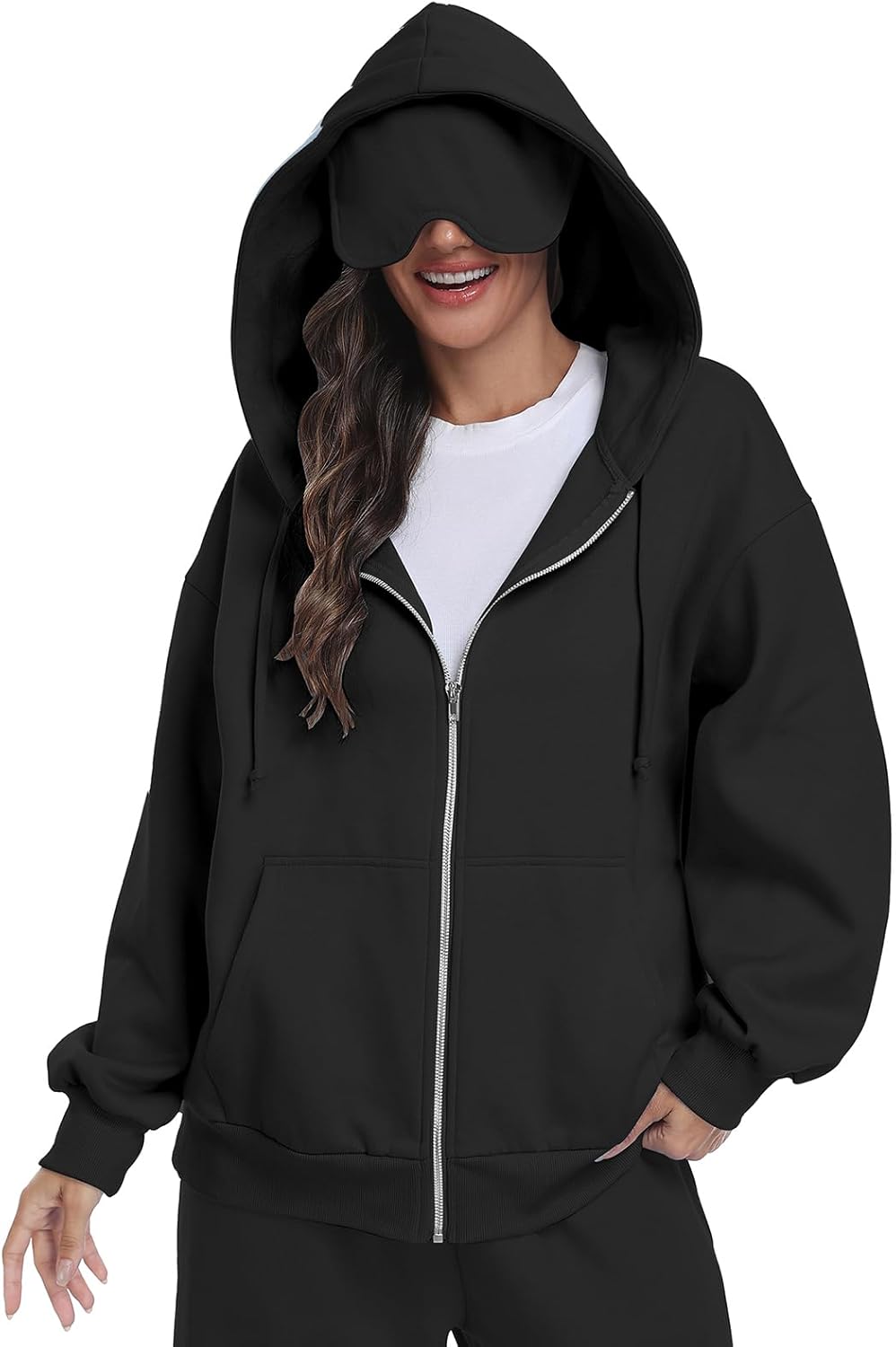 SeSe Code Sudadera con capucha unisex, con cremallera y máscara para los ojos, modo avión, sudadera holgada de viaje, chaqueta de forro polar