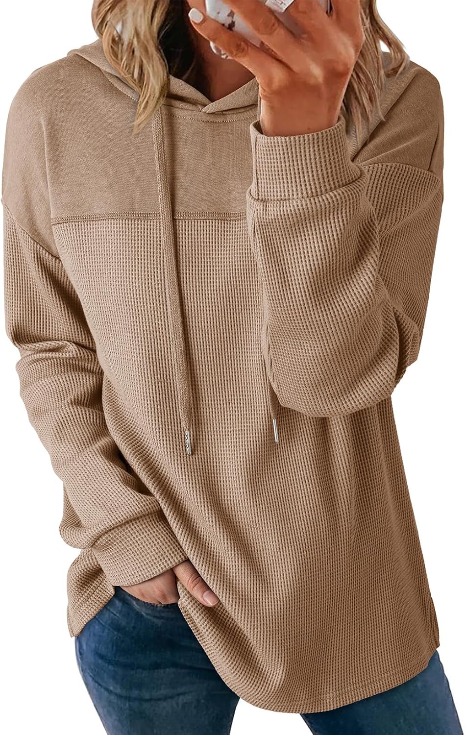 Dokotoo Sudaderas con capucha para mujer, de punto gofre, manga larga, con cordón, ligeras, con capucha