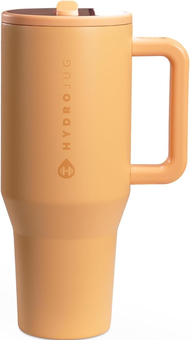 HydroJug Traveler - Botella de agua 32 oz con asa y pajilla abatible, apto para soporte para vasos, resistente a fugas, reutilizable, aislado, acero inoxidable y base de goma, unisex, rosado arena