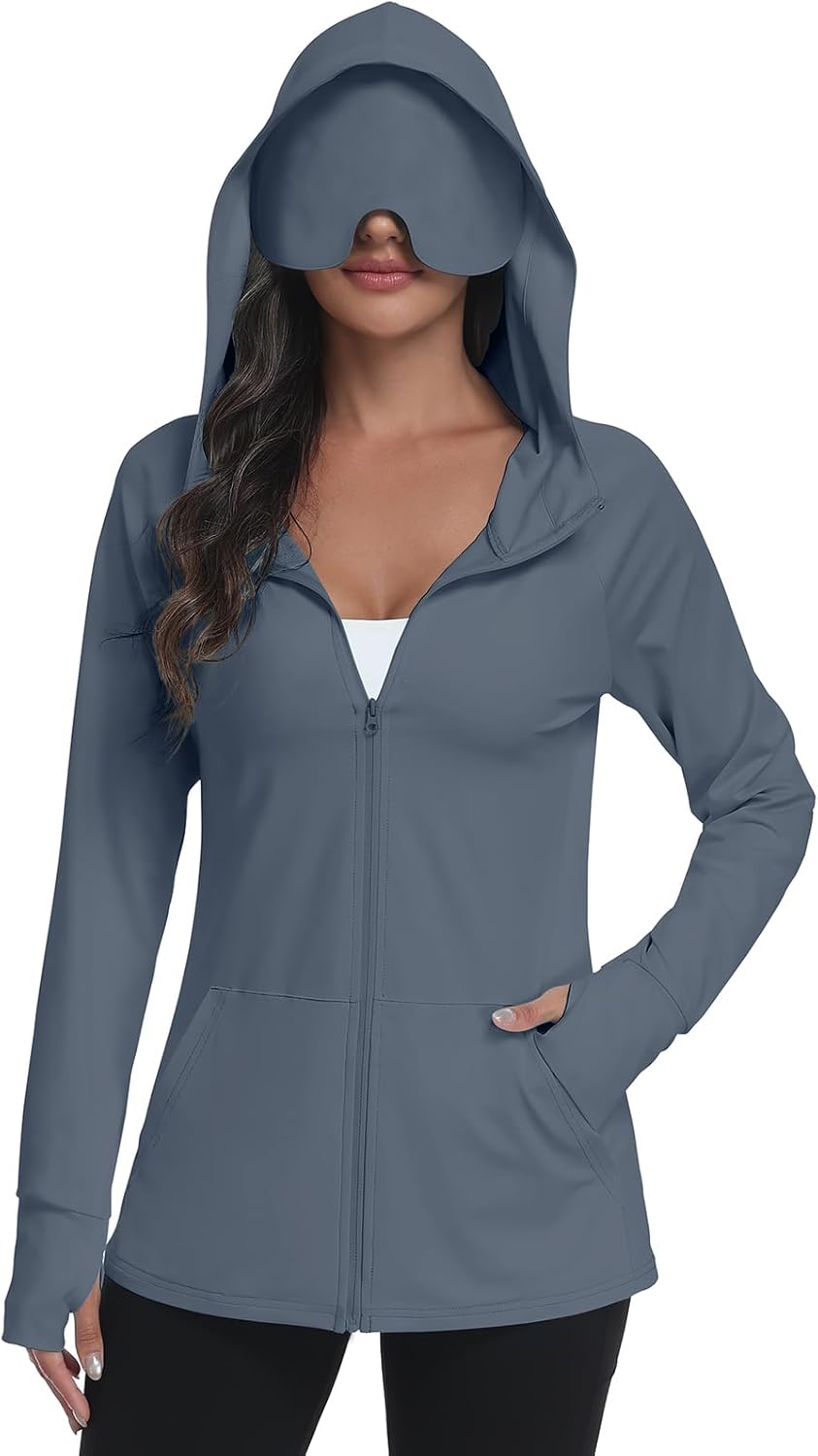 SeSe Code Sudadera con capucha UPF 50+ con máscara de ojos para mujer, chaquetas de viaje con cremallera para dormir, protección solar, bolsillos para siesta al aire libre