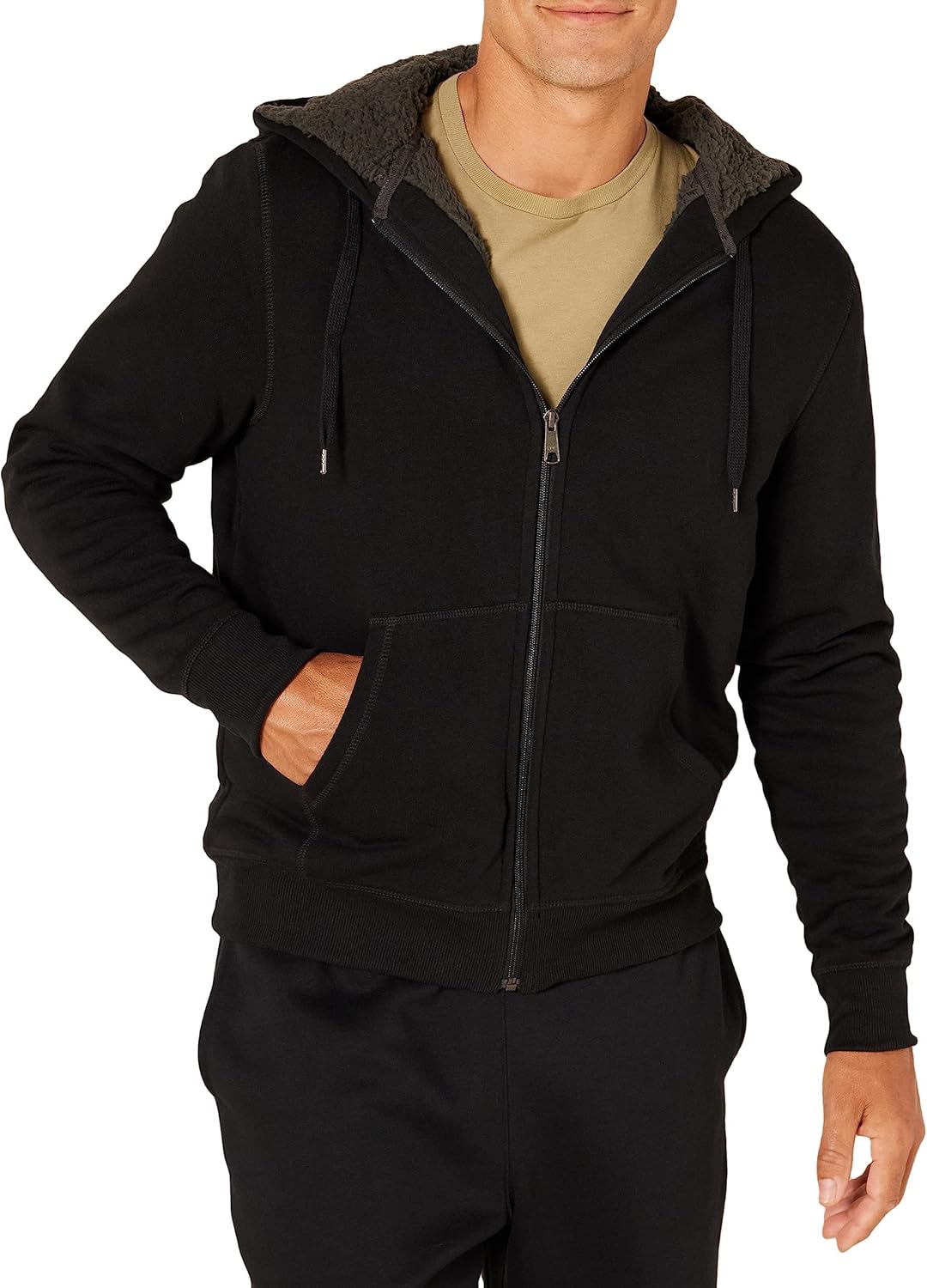 Essentials Sudadera con capucha para hombre, forro de sherpa y cierre completo de cremallera de felpa
