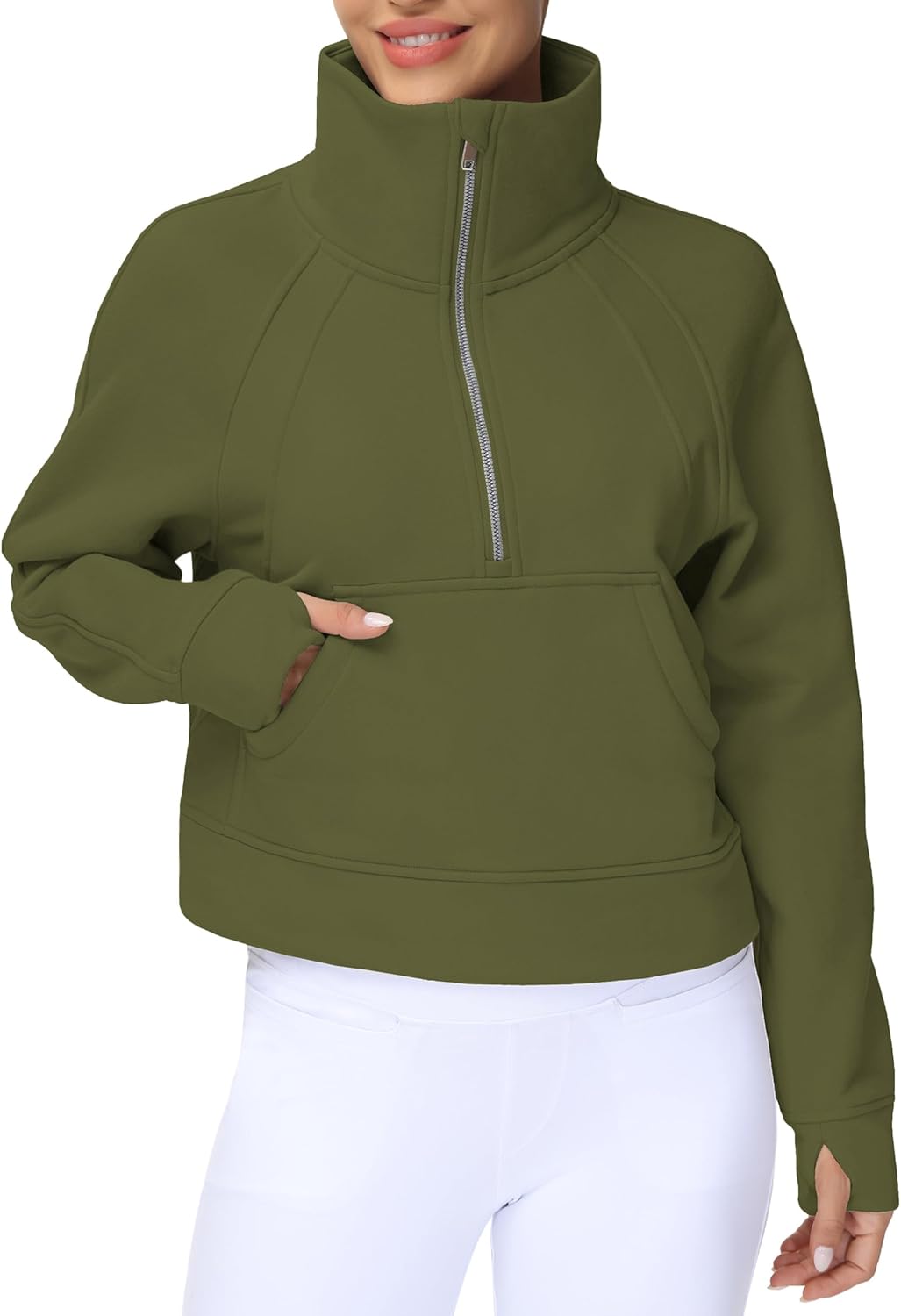 THE GYM PEOPLE Sudadera corta de forro polar con media cremallera para mujer con bolsillos y agujero para el pulgar | Crop sweatshirt with thumb hole, Functional pockets, Fleece Lined, Half zip sweatshirt for work, travel