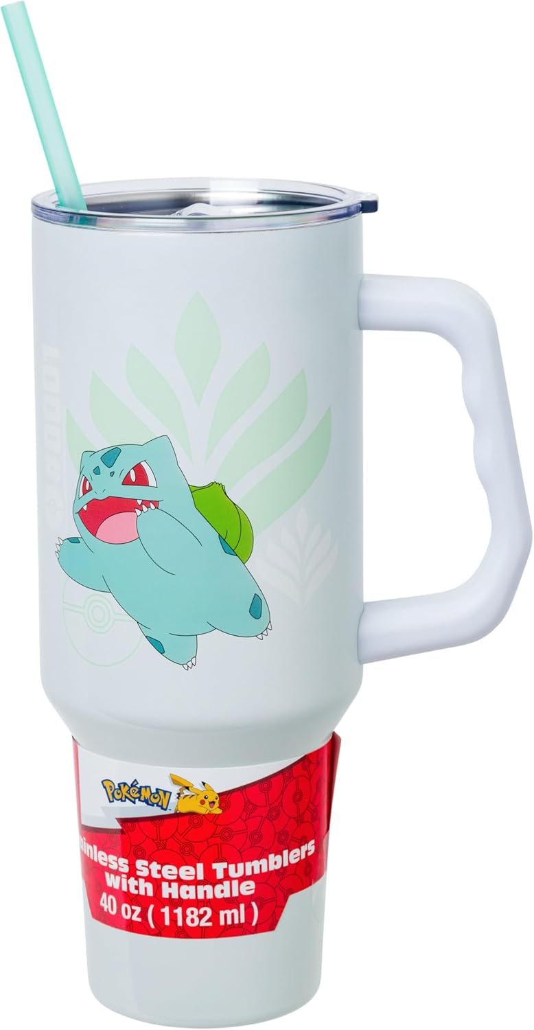 Silver Buffalo Disney Mickey and Friends Daisy, Donald Duck, Goofy, Pluto, Minnie Decals - Vaso de acero inoxidable de doble pared con asa, popote y tapa con pajilla, cabe en portavasos estándar, 40