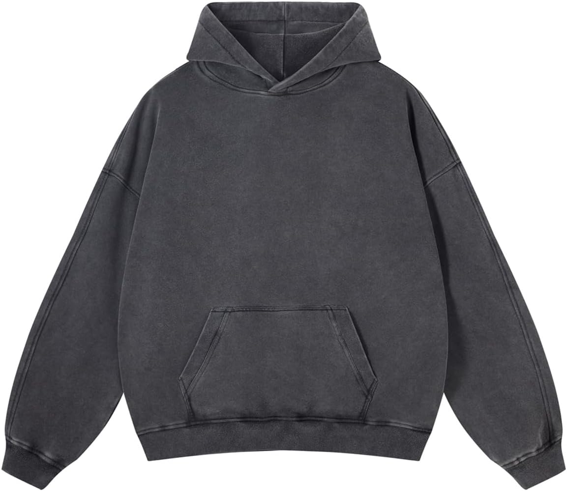 Adenorah Sudaderas con capucha de gran tamaño, para hombre, para otoño, con lavado ácido, liso, ropa urbana, de algodón, vintage