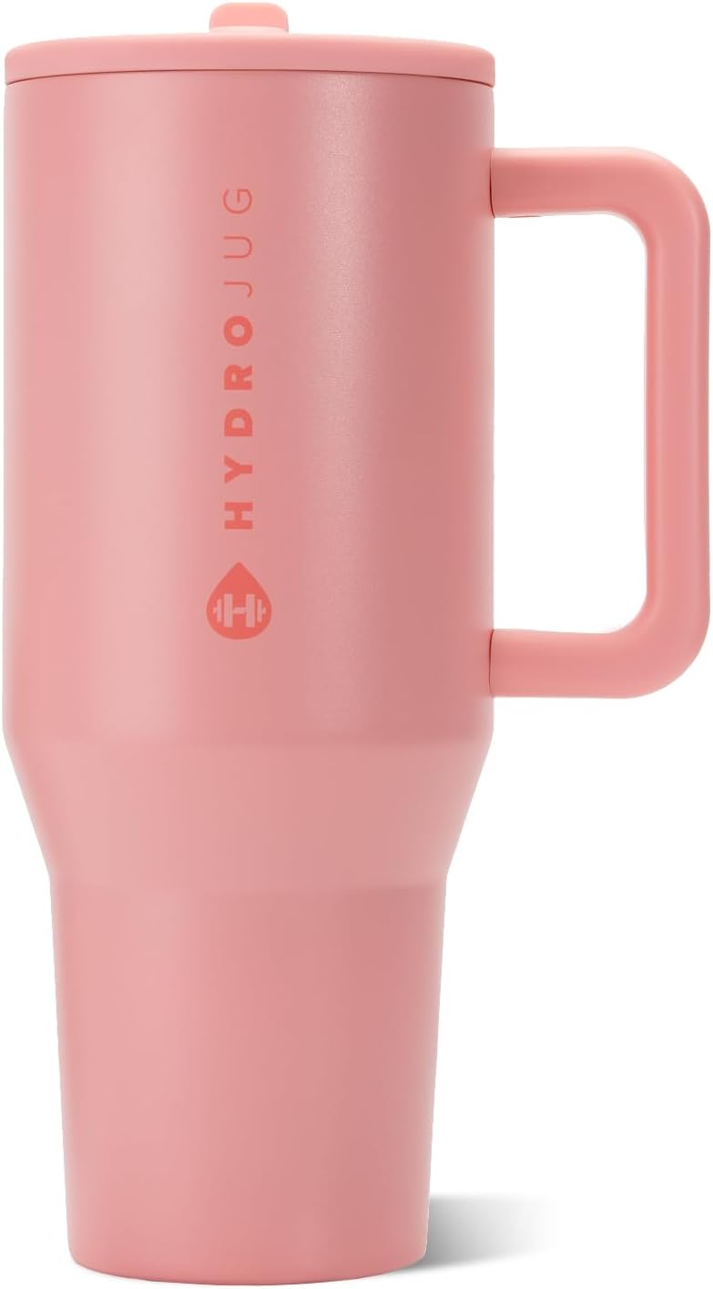 HydroJug Traveler - Botella de agua 32 oz con asa y pajilla abatible, apto para soporte para vasos, resistente a fugas, reutilizable, aislado, acero inoxidable y base de goma, unisex, rosado arena