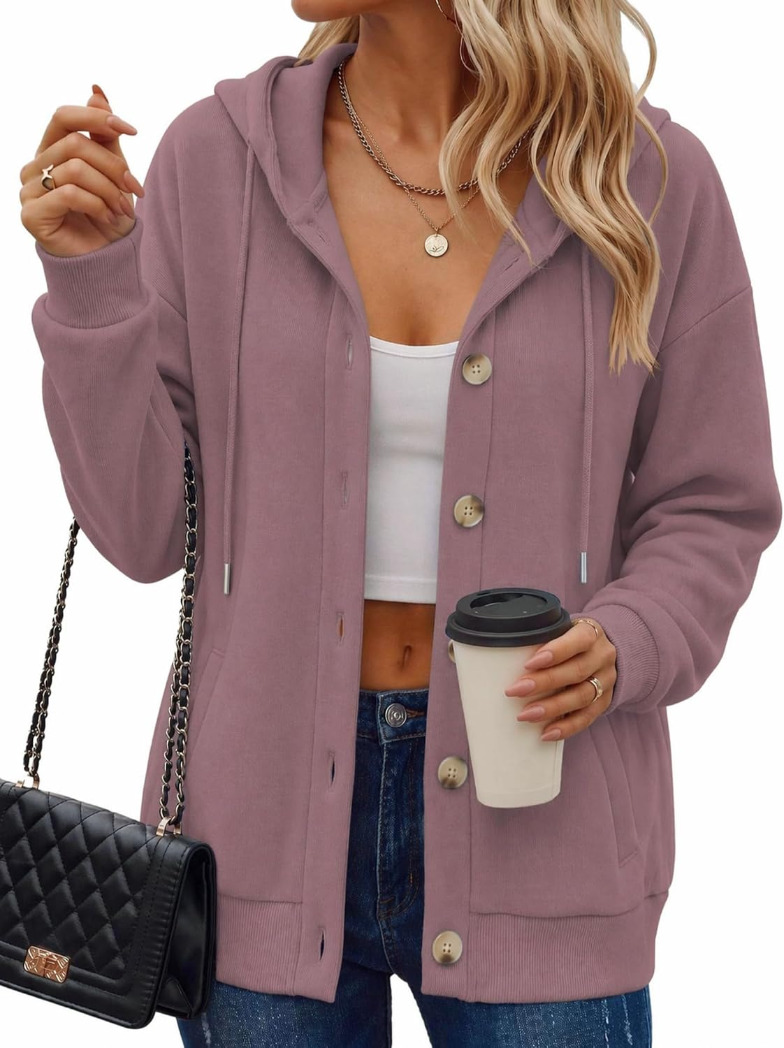 Zeagoo Sudadera con capucha para mujer, de gran tamaño, con botones, con bolsillos, cómodas chaquetas de forro polar, a la moda, S-3XL