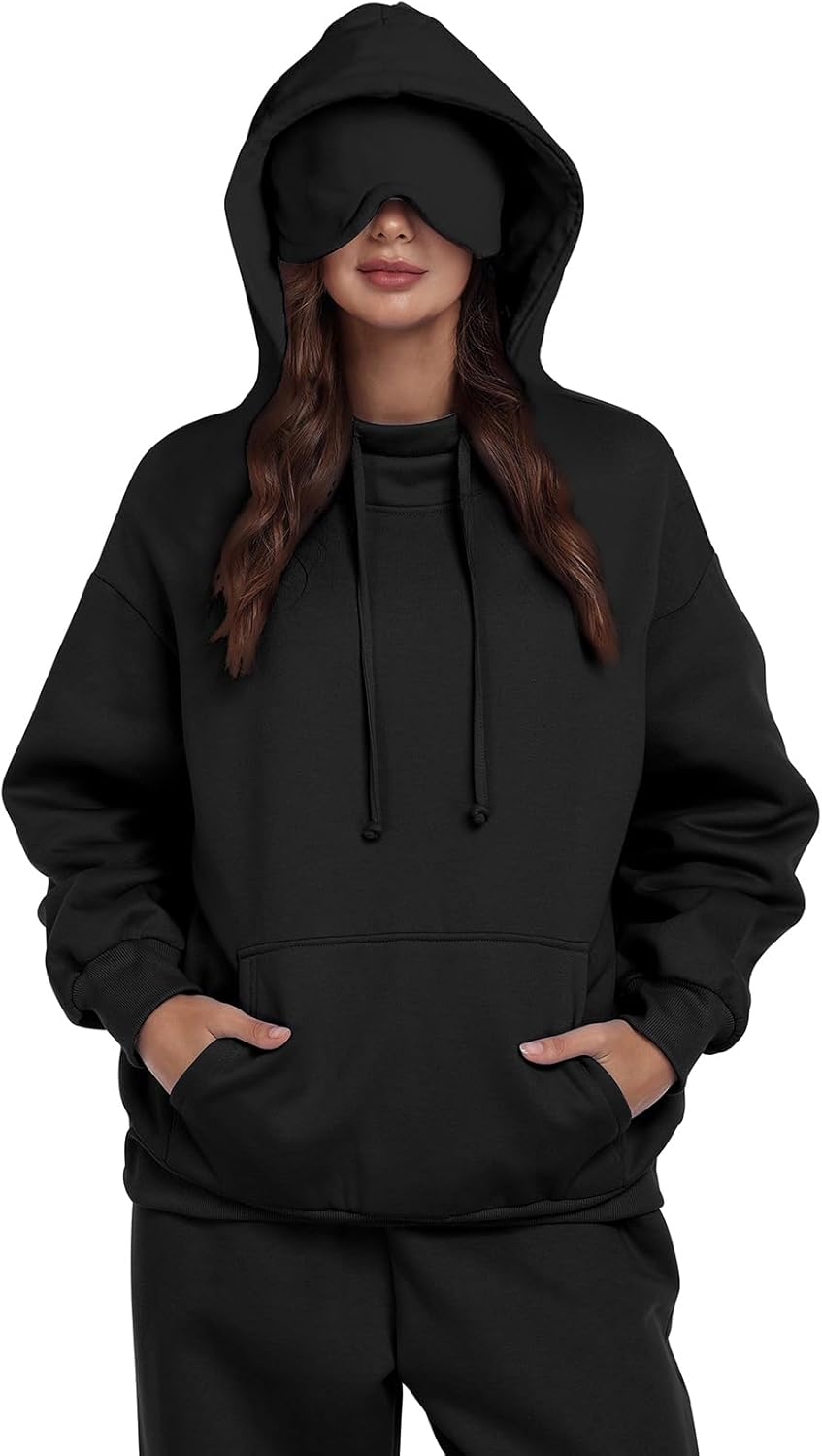 Sudadera con capucha SeSe Code con máscara para los ojos para viajes en avión, unisex, de gran tamaño, para dormir, con bolsillo, de forro polar, para parejas