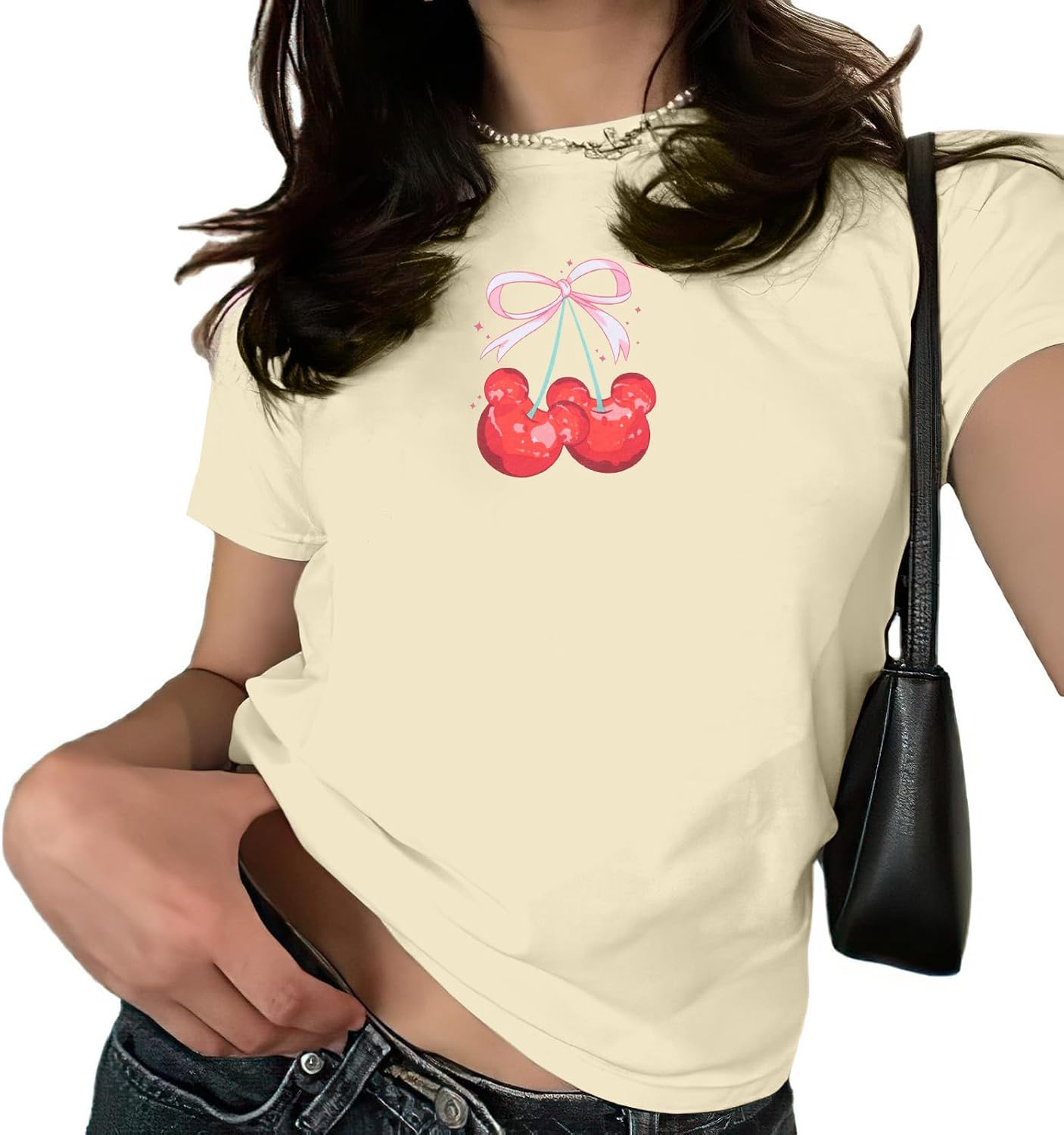 Camiseta con Lazo de Cerezas Rosa para Mujer: Blusas Coquette, Camisetas Estéticas de Chica Limpia, Camisetas Casuales de Verano de Manga Corta