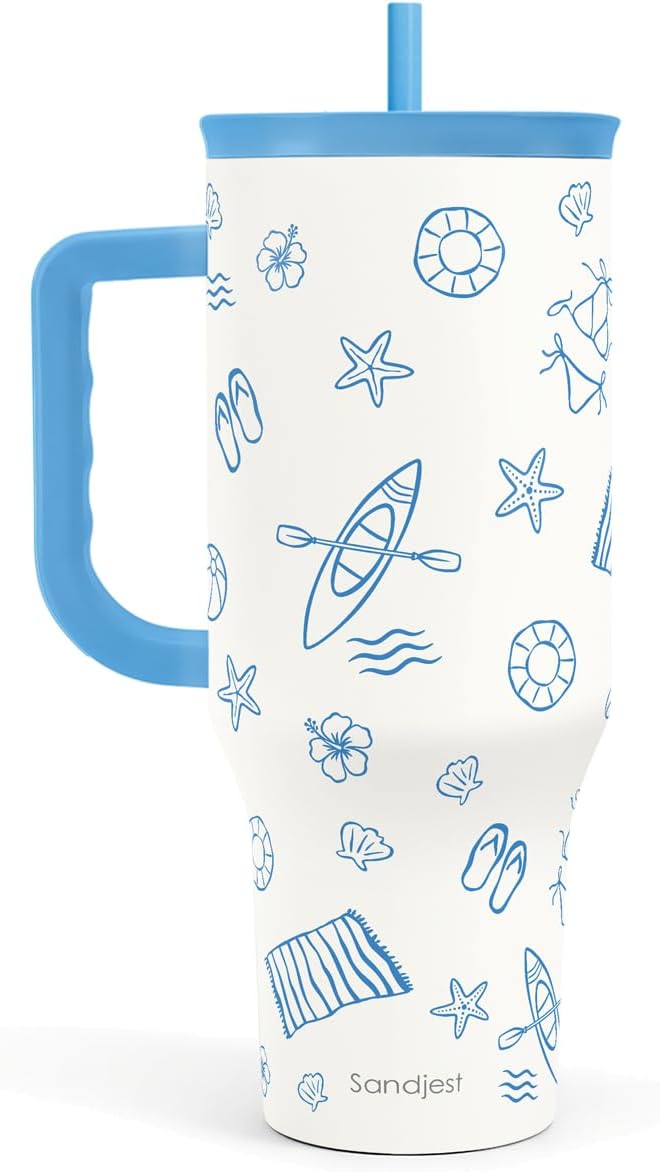 SANDJEST Vaso de 40 onzas con asa y pajilla, taza de café de viaje de acero inoxidable aislado para mujeres, niñas, amantes de la playa, idea de regalo para cumpleaños, Navidad, día de la madre, vacaciones de verano (color)